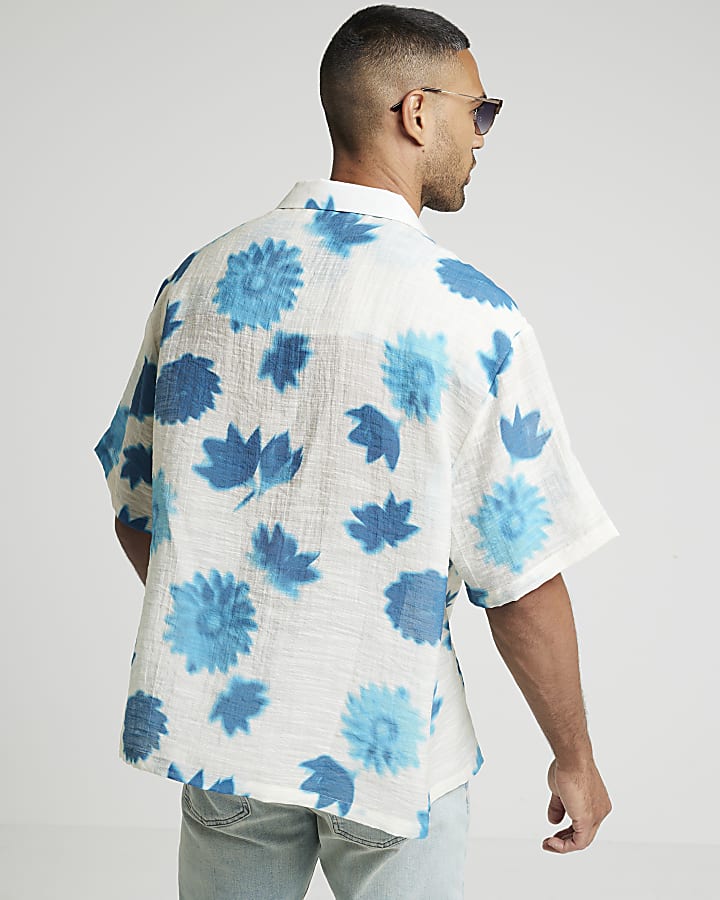 Blue oversized fit blur floral revere shirt