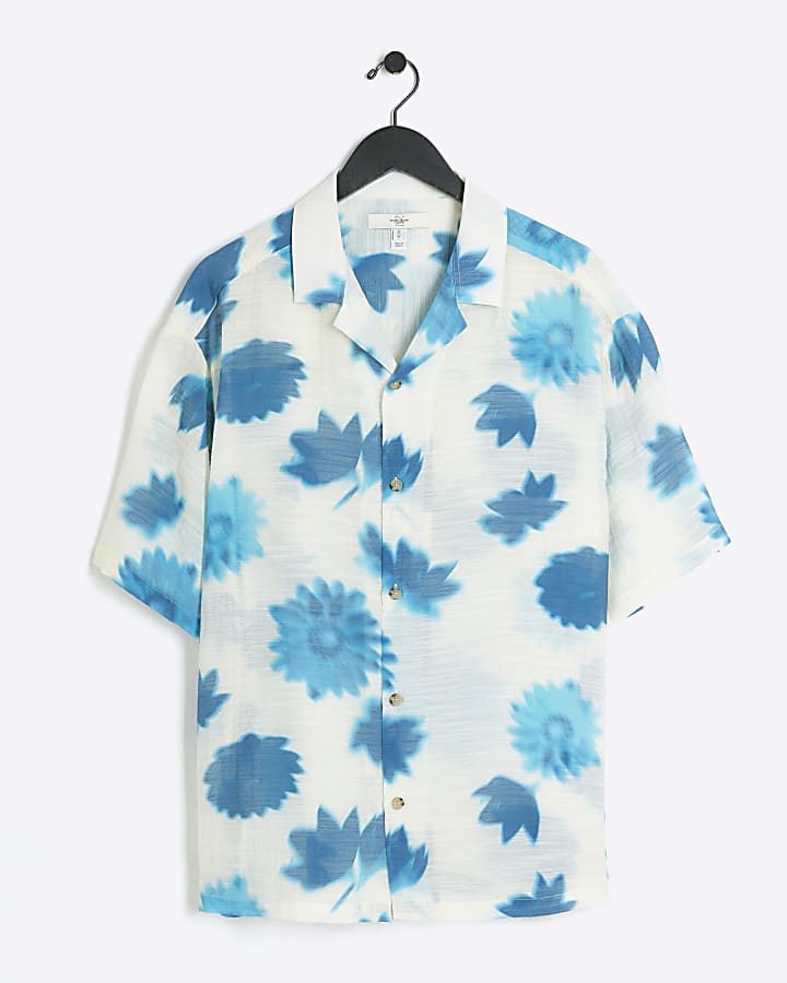 Blue oversized fit blur floral revere shirt