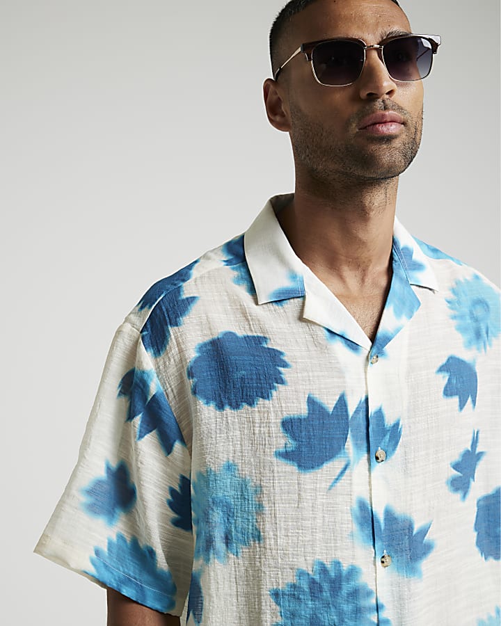 Blue oversized fit blur floral revere shirt