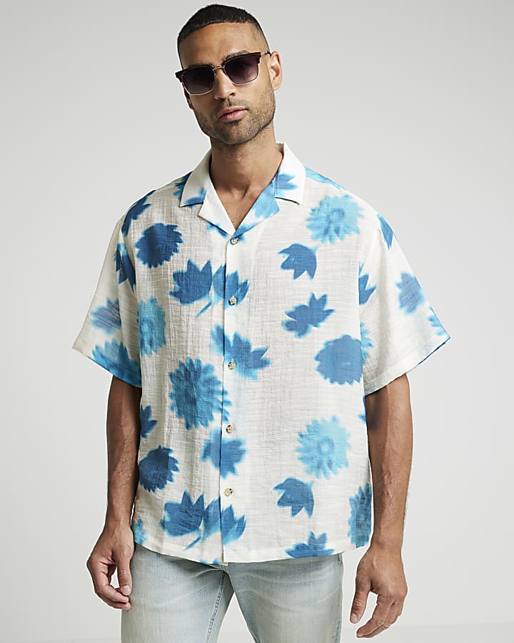 Blue oversized fit blur floral revere shirt