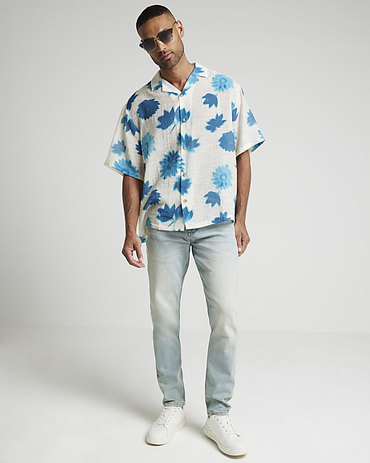 Blue oversized fit blur floral revere shirt