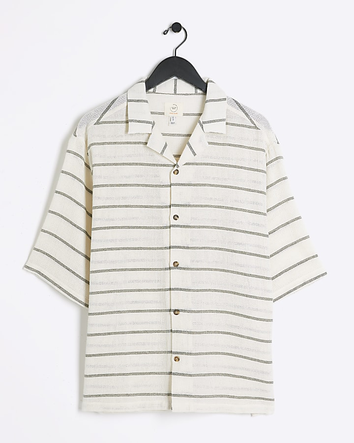 Beige oversized crochet stripe revere shirt