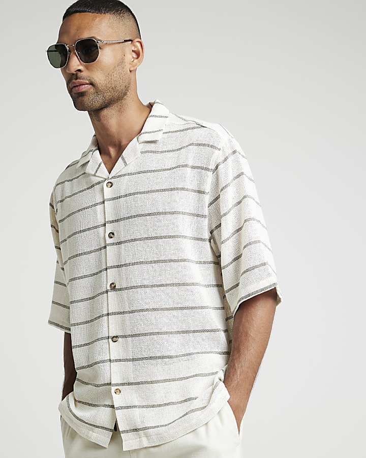 Beige oversized crochet stripe revere shirt