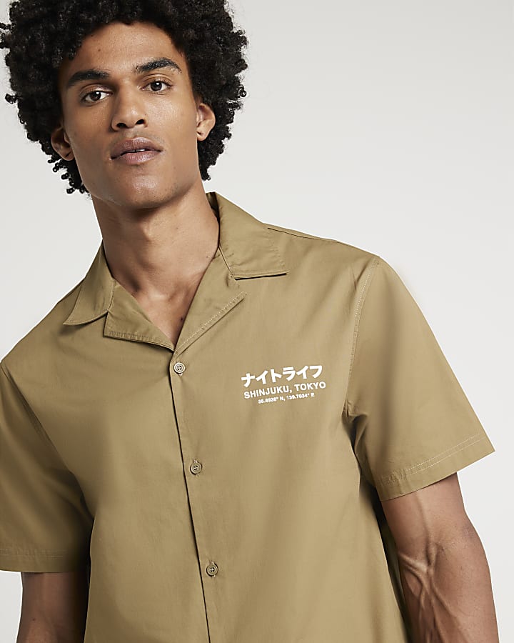 Khaki regular Japanese graphic revere shirt