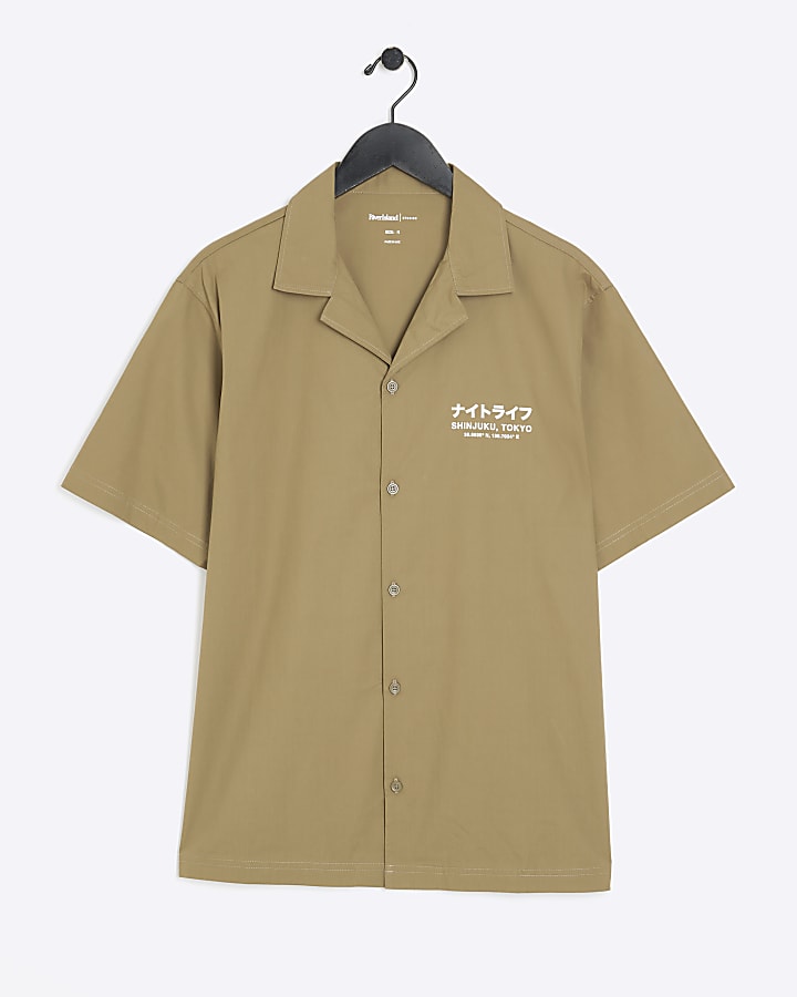 Khaki regular Japanese graphic revere shirt