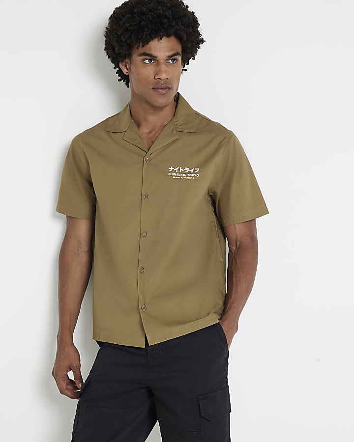 Khaki regular Japanese graphic revere shirt