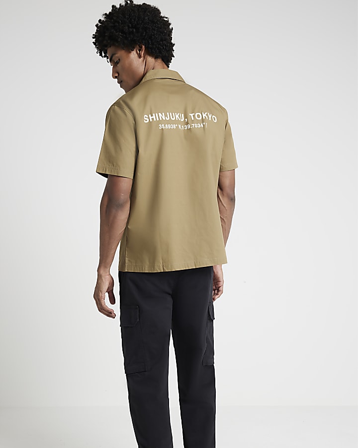 Khaki regular Japanese graphic revere shirt