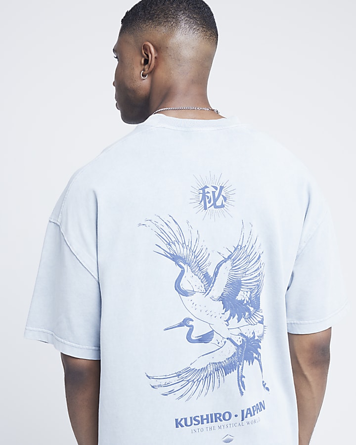 Blue oversized fit crane graphic t-shirt