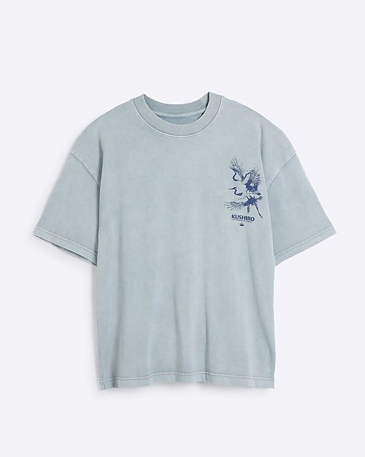 Blue oversized fit crane graphic t-shirt