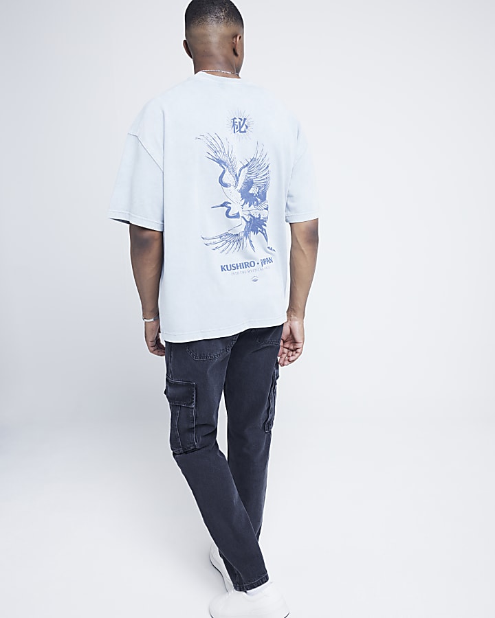 Blue oversized fit crane graphic t-shirt