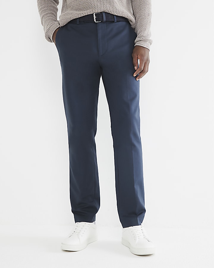 Navy Slim Fit Belted Chino Trousers