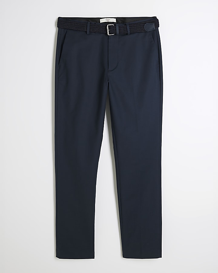 Navy Slim Fit Belted Chino Trousers