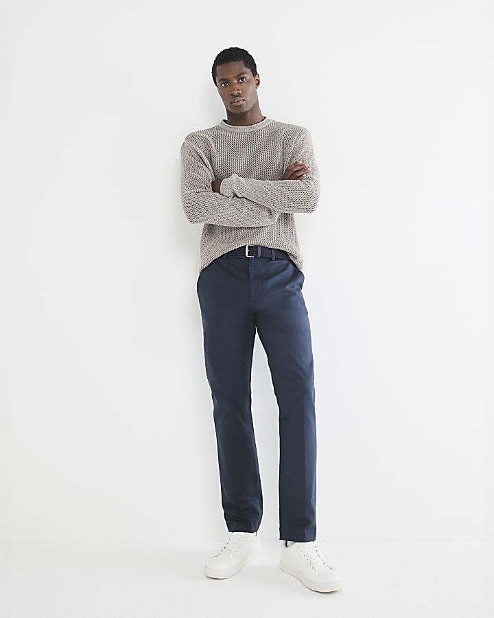 Navy Slim Fit Belted Chino Trousers