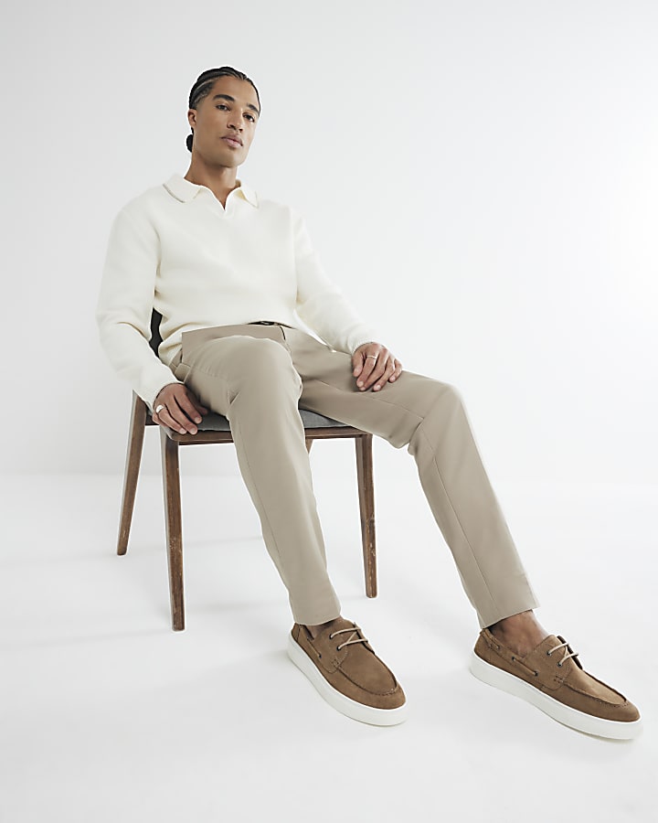 Beige Slim Fit Belted Chinos