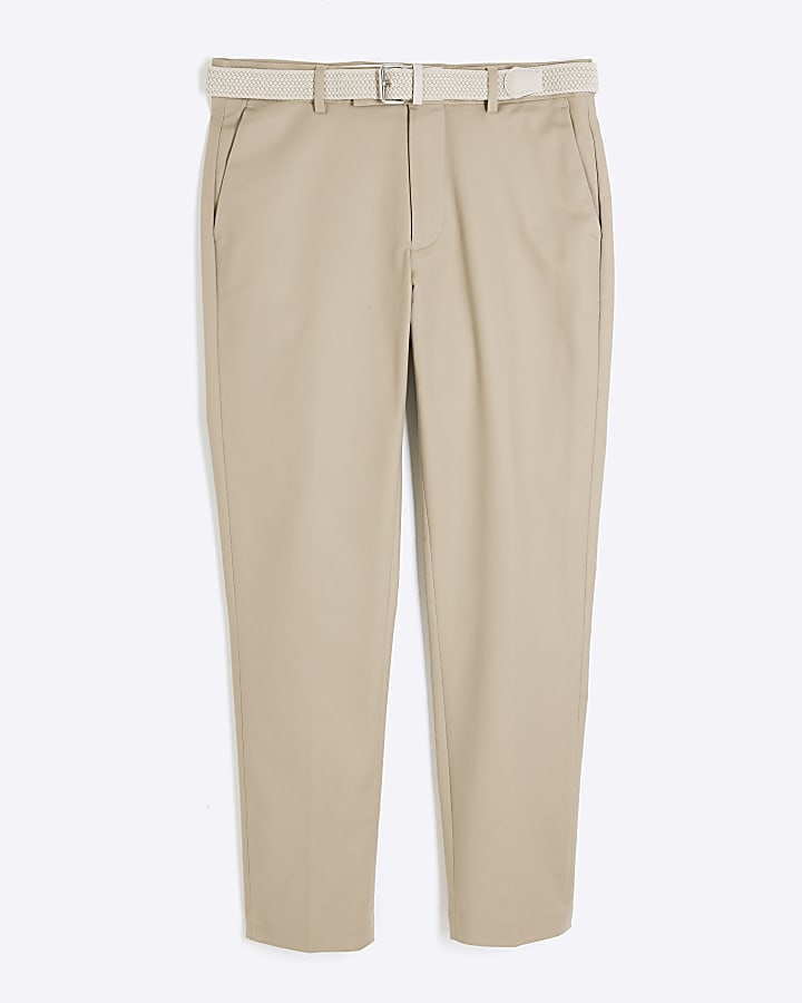 Beige Slim Fit Belted Chinos