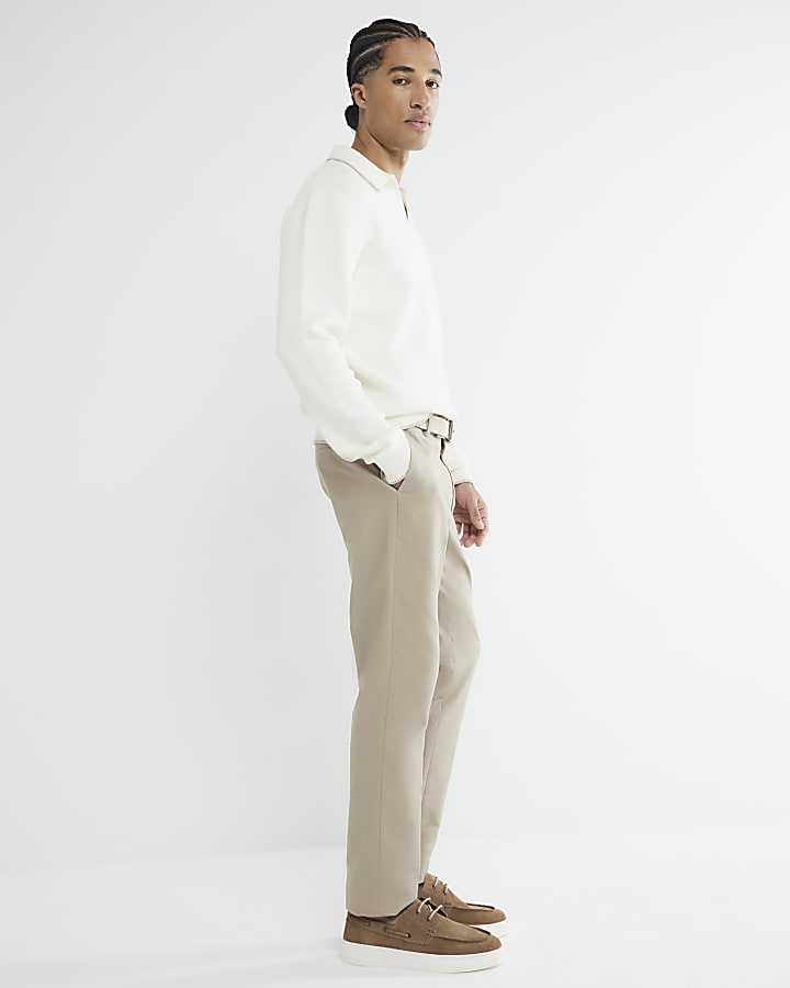 Beige Slim Fit Belted Chinos