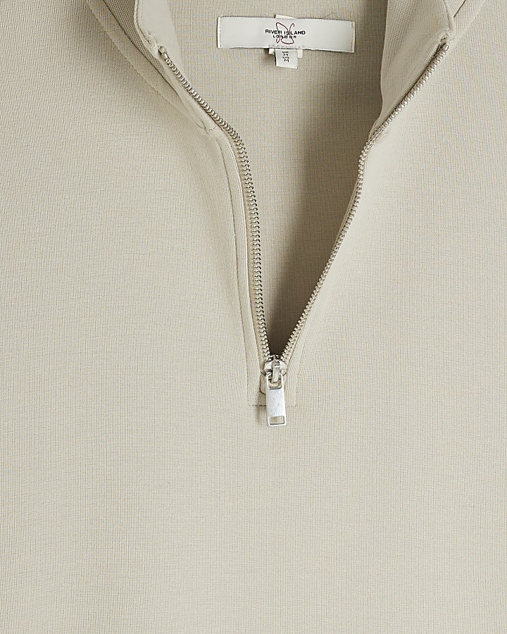 Beige Slim Fit Funnel Polo Sweatshirt