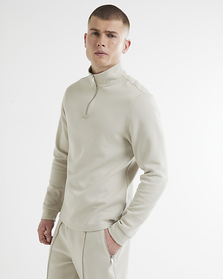 Beige Slim Fit Funnel Polo Sweatshirt