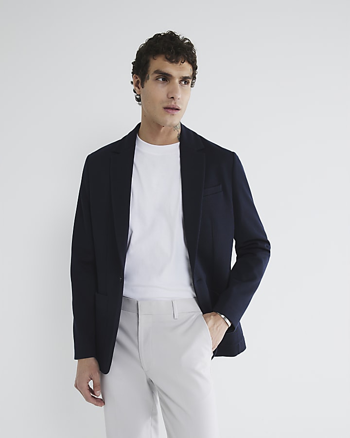 Navy Slim Fit Jersey Blazer River Island