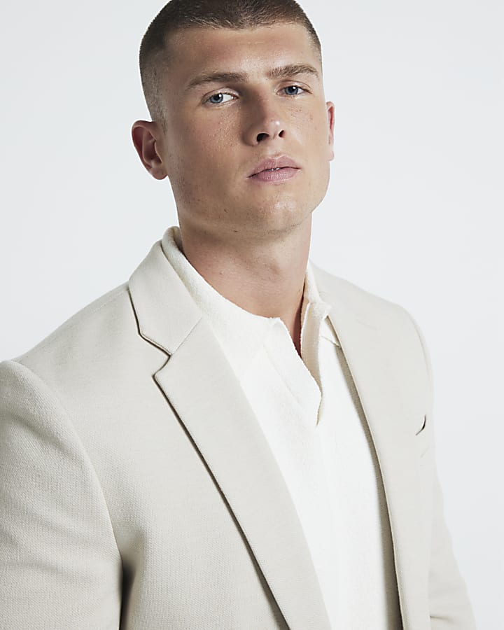 Beige Slim Fit Jersey Blazer