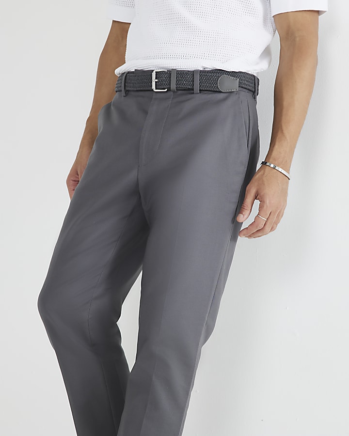 Grey Slim Fit Belted Chino Trousers