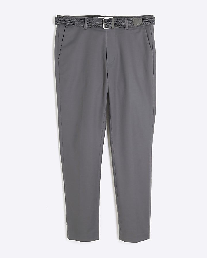 Grey Slim Fit Belted Chino Trousers