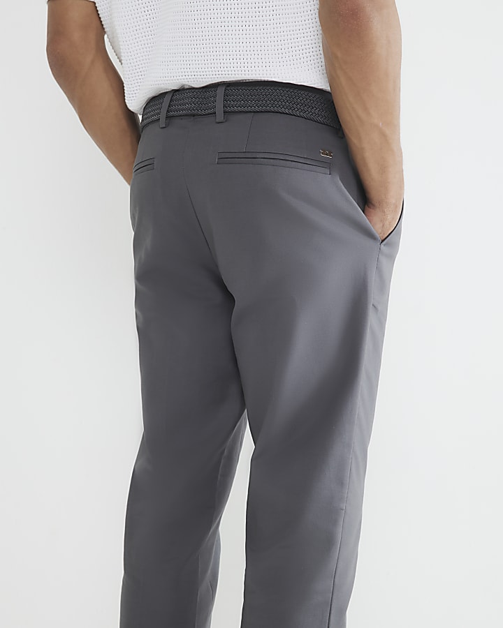 Grey Slim Fit Belted Chino Trousers