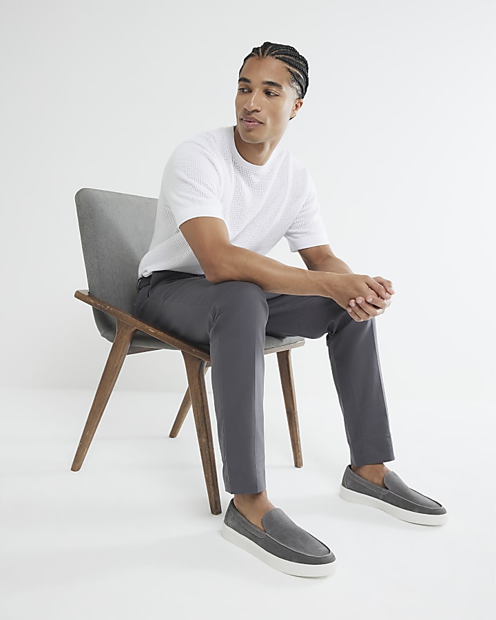 Grey Slim Fit Belted Chino Trousers