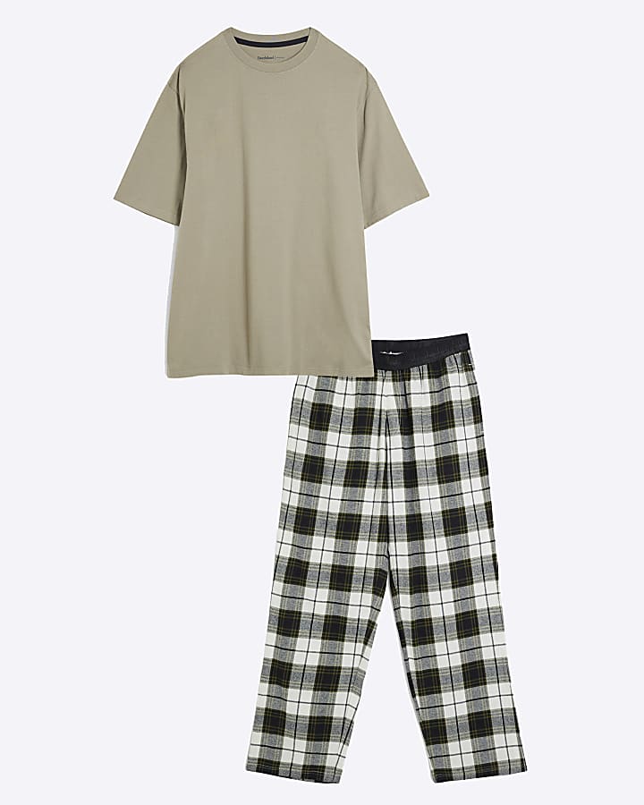 Green Woven T-Shirt And Check Pyjama Set