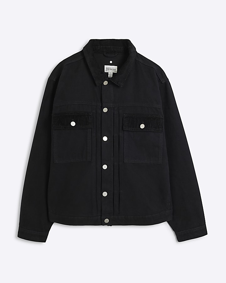 Black Regular Fit Cord Collar Jacket