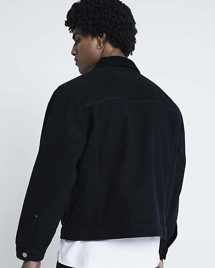Black Regular Fit Cord Collar Jacket