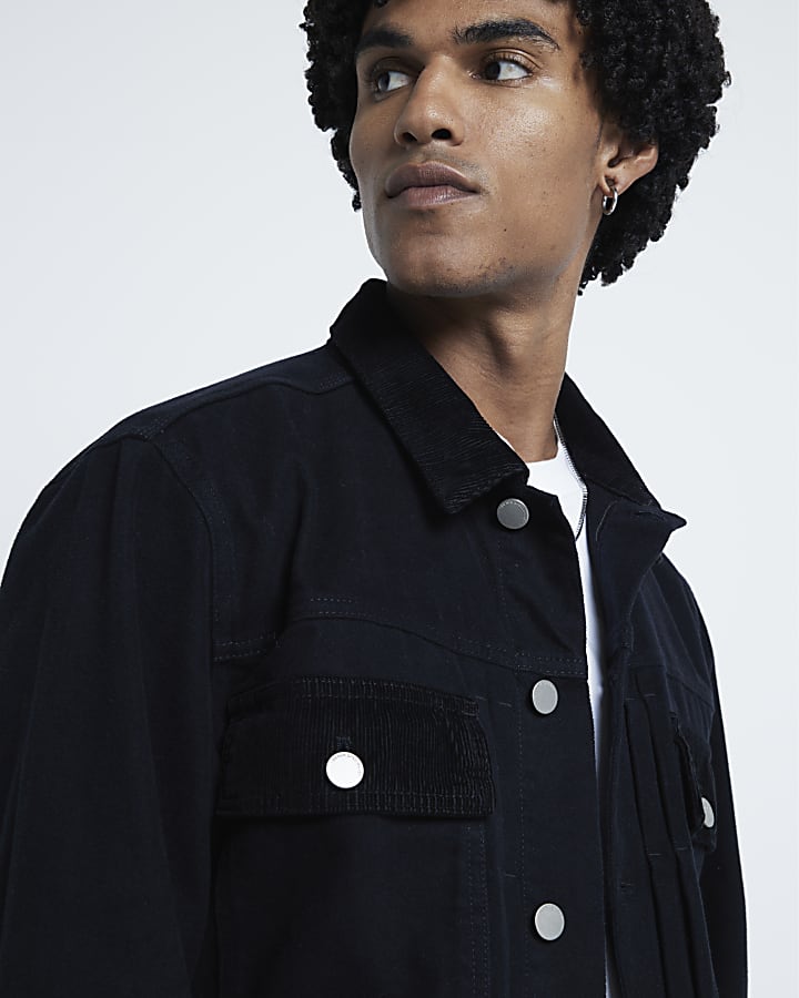 Black Regular Fit Cord Collar Jacket