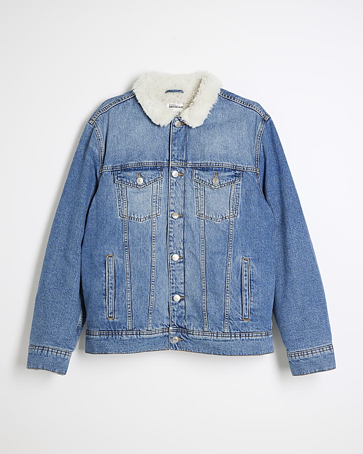 Blue Denim Borg Lined Collar Jacket