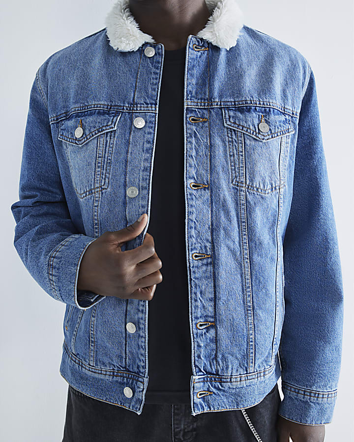 Blue Denim Borg Lined Collar Jacket