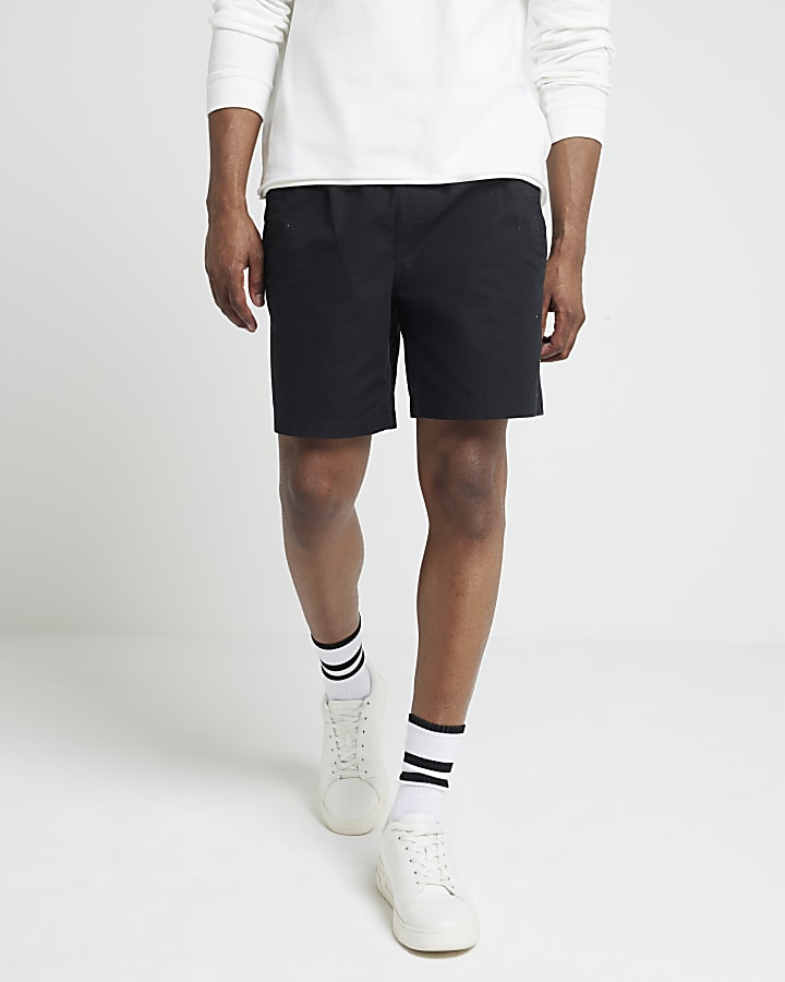 Black regular fit textured pull on shorts