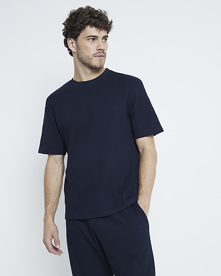 Navy Waffle T-Shirt And Trousers Pyjama Set