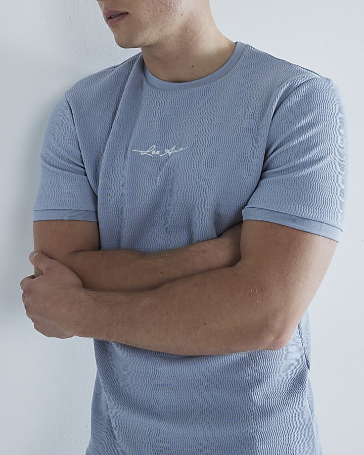 Blue Slim Fit Quilted Embroidered T-Shirt