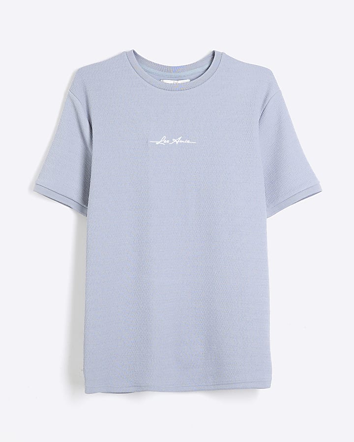 Blue Slim Fit Quilted Embroidered T-Shirt