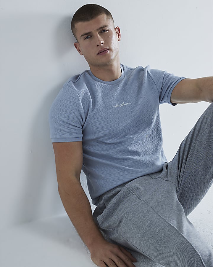 Blue Slim Fit Quilted Embroidered T-Shirt