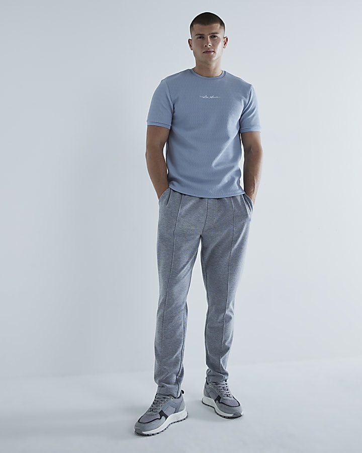 Blue Slim Fit Quilted Embroidered T-Shirt