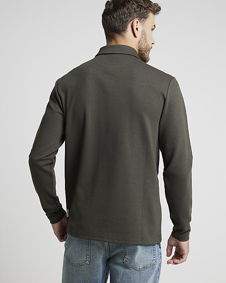 Khaki slim textured half zip long sleeve polo