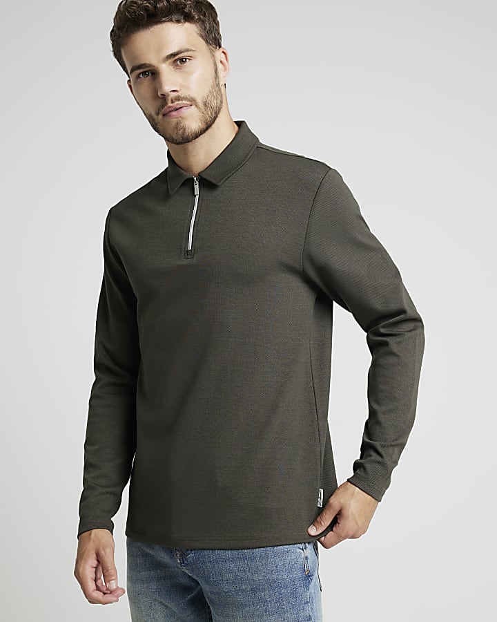 Khaki slim textured half zip long sleeve polo