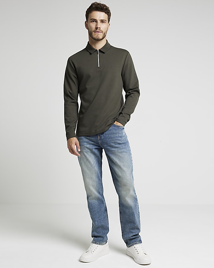 Khaki slim textured half zip long sleeve polo