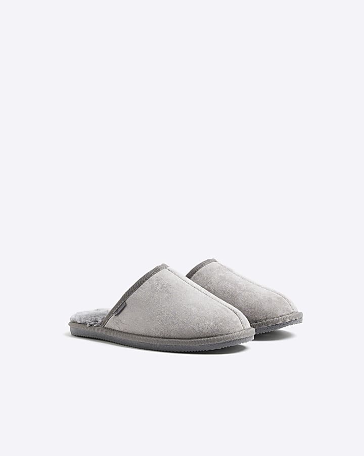 Grey Faux Fur Mule Slippers