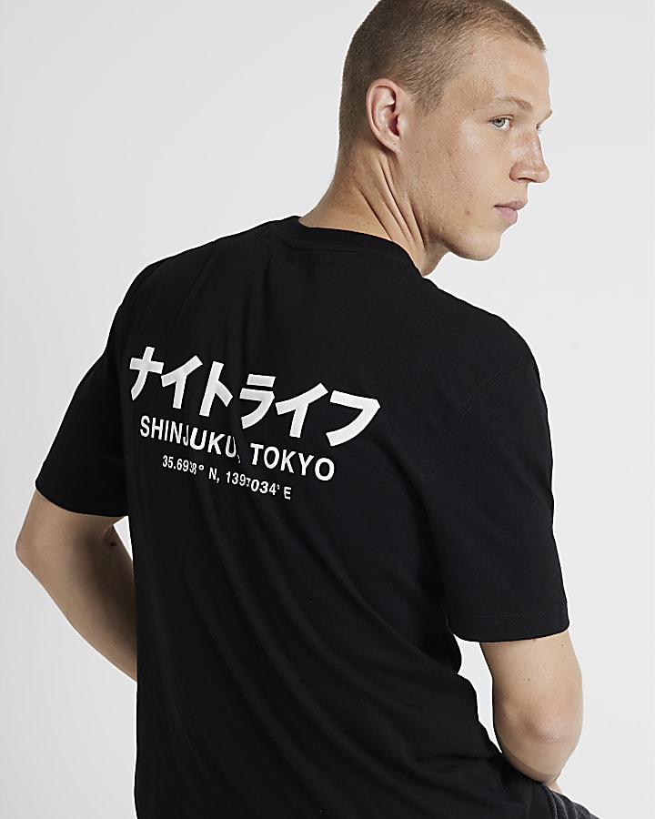 Black regular fit Japanese graphic t-shirt