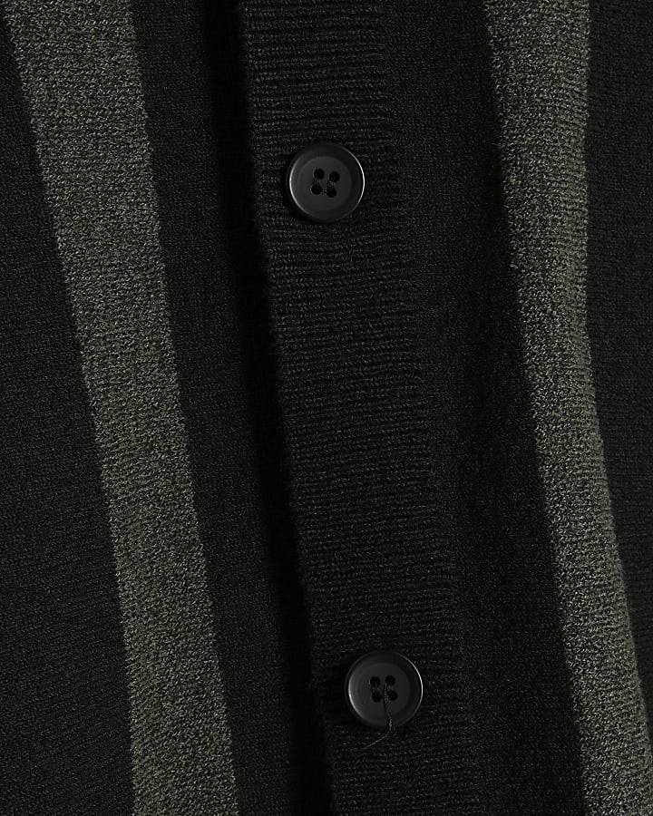 Black slim fit boucle knit stripe polo