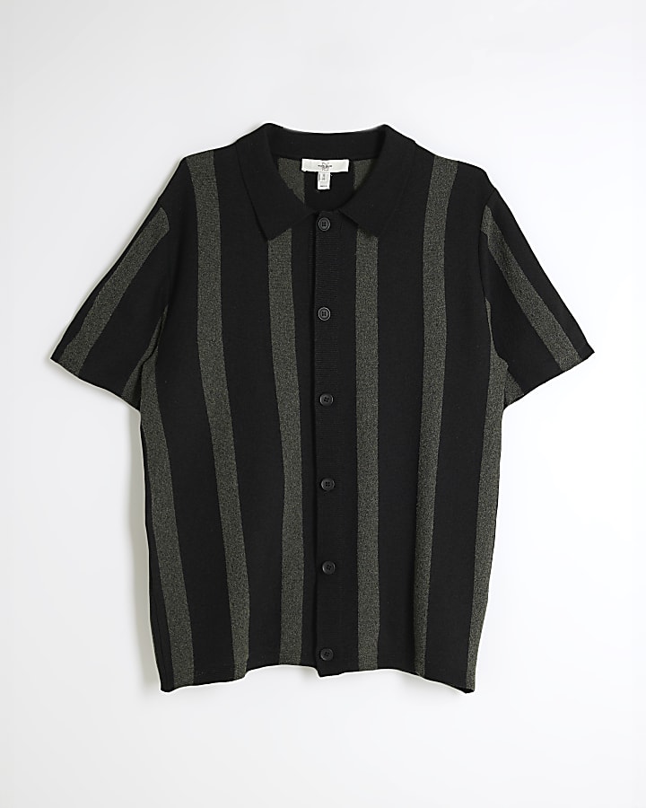 Black slim fit boucle knit stripe polo