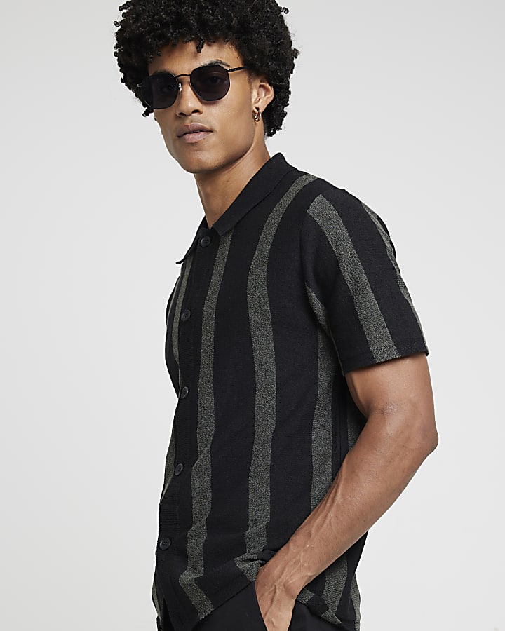 Black slim fit boucle knit stripe polo