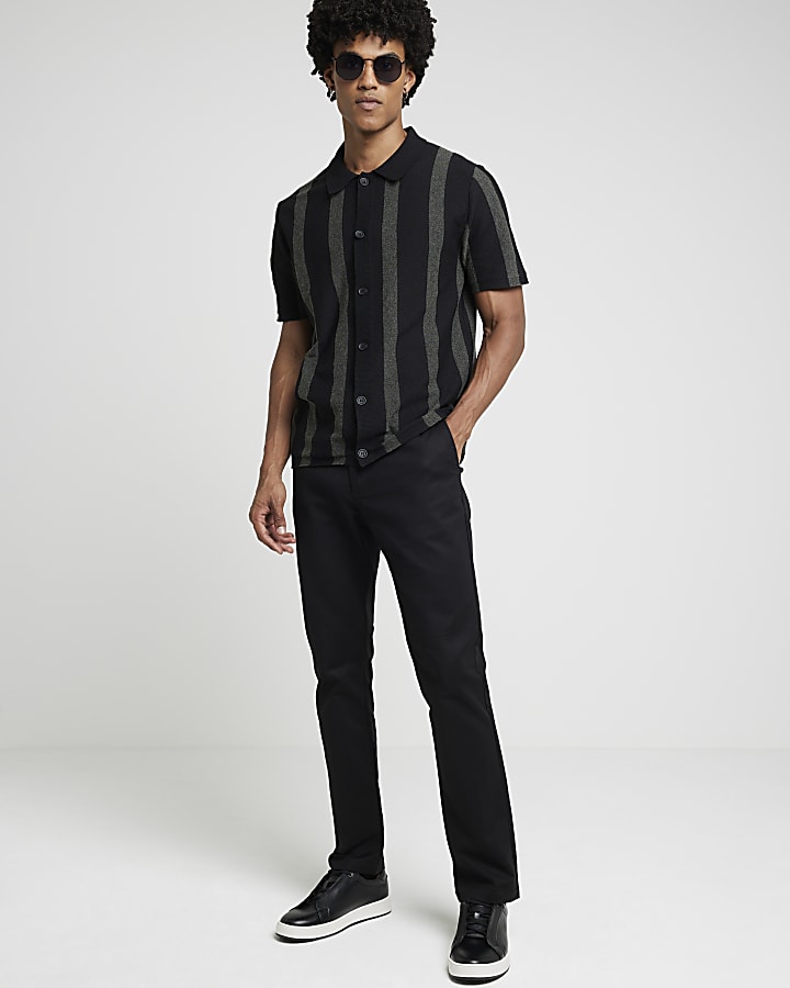 Black slim fit boucle knit stripe polo