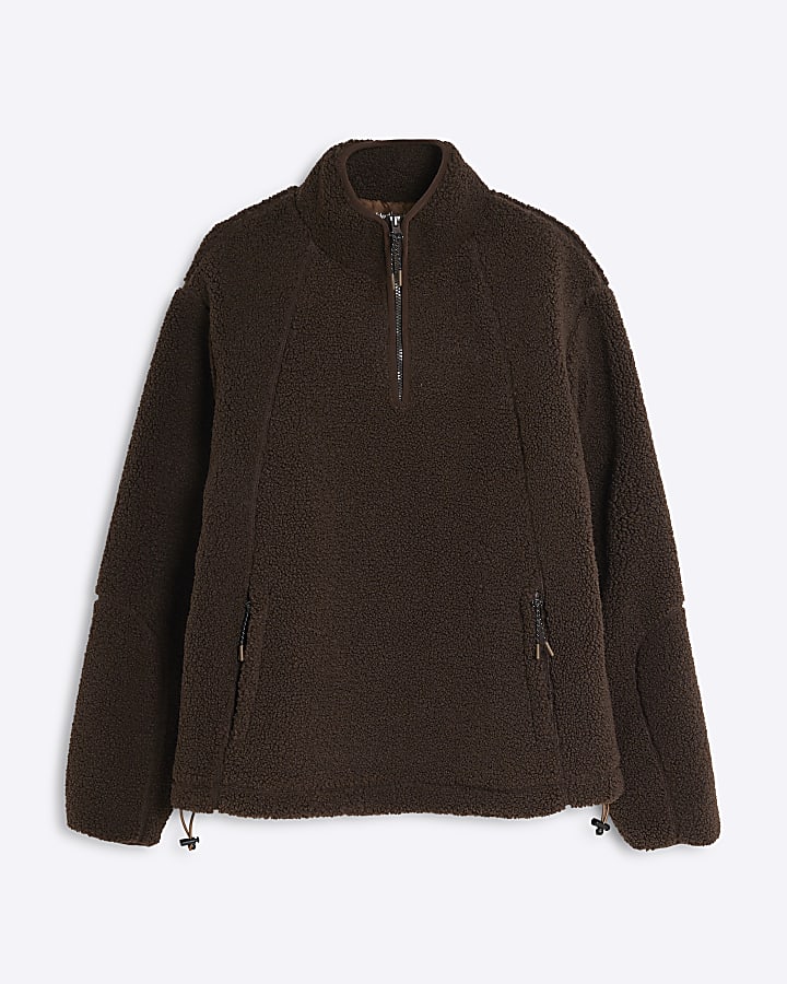 Brown Relaxed Fit Borg Half Zip Jumper